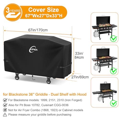 Kipiea Griddle Cover for Blackstone 36" Griddle with Hood, Heavy Duty Tear & Fade Resistant and Waterproof Flat Top Grill Cover for Blackstone 5482 with Buckles and Drawstrings