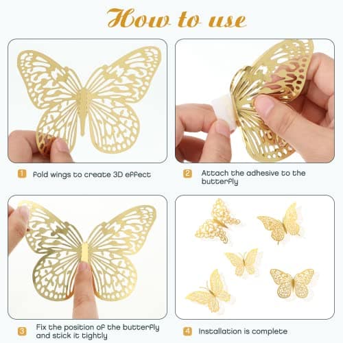 3D Gold Butterfly Wall Decor 3 Sizes 4 Styles Butterfly Party Decorations Cake Decorations Removable Stickers Wall Decor Room Mural Metallic Kids (Gold, 48Pcs) — view 3