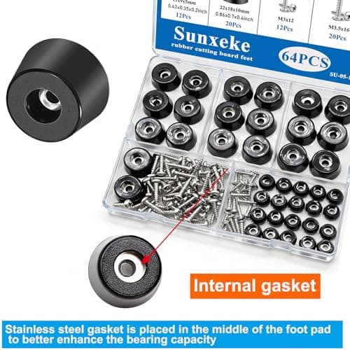 Sunxeke 64Pcs Rubber Feet for Cutting Board with Stainless Washer Screws Assortment Kit,2 Sizes (0.433inch , 0.813inch),Non Slip Rubber Bumper Feet for Furniture,Cabinets,Electronics(13/16"W x 3/8"H) — view 4