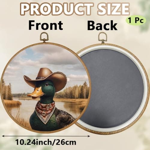 PRESSINART Cowboy Duck Decor 10 x 10 Inch Duck Framed Art Vintage Western Animal Round Wall Decor Linen Hanging Canvas Artwork for Gallery Bedroom Bathroom Living Room Farmhouse Office Home Kitchen