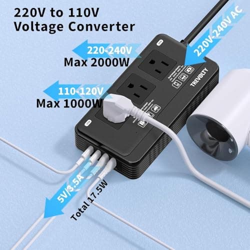 2000W Voltage Converter US to Europe for Hair Dryers, 7-in-1 220V to 110V Converter for European Travel with 3 AC/2 USBA/2 USBC Ports, Power Converter Adapter Combo with Type G/C/I/L Plugs — view 3
