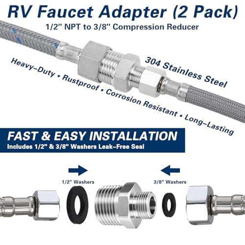 RV Faucet Adapter, 1/2 to 3/8 Compression Fitting, 304 Stainless Steel Reducer Faucet Adapter, Reducer Water Supply Adapter for RV Kitchen Plumbing (2 Pack) — view 2