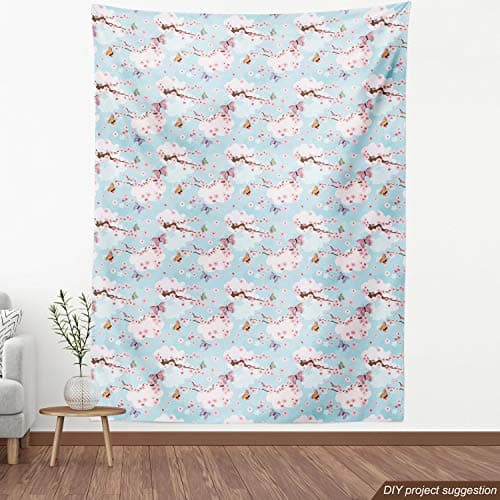 Ambesonne Cherry Blossom Fabric by The Yard, Fantasy Composition with Spring Inspired Nature Elements Butterflies Clouds, Decorative Fabric for Upholstery and Home Accents, 1 Yard, Pastel Blue — view 3