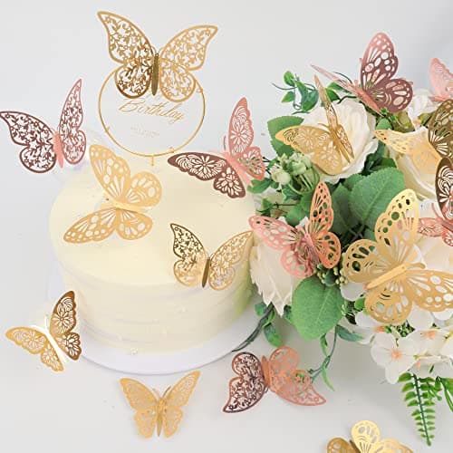 Nelotaor 72 Pcs Butterfly Wall Decor, 3 Styles 3 Sizes 3D Butterfly, Gold and Rose Gold Butterfly, Wedding Decorations, Birthday Party Decorations, Girls Bedroom Decoration(72 Pcs, Gold and Rose Gold)
