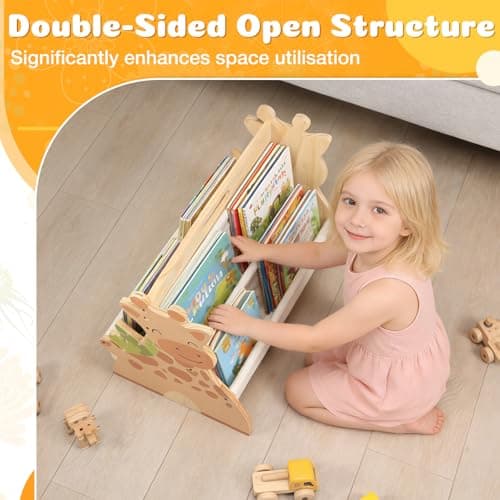 Kids Bookshelf Double Sided 4 Tier Portable Wood Toddler Montessori Book Shelf for Kid Room Nursery Bedroom Playroom — view 4
