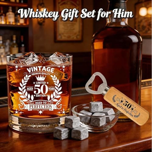 50th Birthday Gifts for Men Whiskey Glass Set, Cool Gifts for 50 Year Old Men with 11 Oz Whiskey Glass Apron Baseball Cap Sock Keychain Bottle Opener Greeting Card for Him Dad Husband Friends — view 3