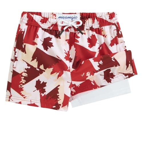 maamgic Boys Swim Trunks with Compression Liner Toddler Stretch Quick Dry Swim Shorts Quick Dry 2 in 1 Beach Shorts, Canada Flags, 8 Years