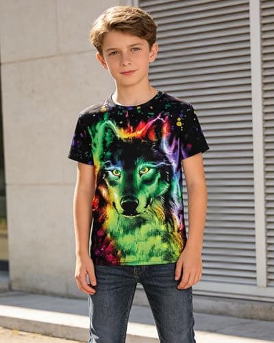 Rynzola Boys 3D Print T-Shirts Girls Summer Colorful Design Graphic Tee Kids Crewneck Short Sleeve Causal Tops（Wolf,6-7T） — view 2