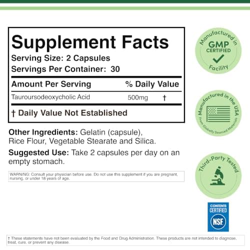 TUDCA Bile Salts Liver Support Supplement, 500mg Servings, Liver and Gallbladder Cleanse Supplement (60 Capsules, 250mg) Genuine Bile Acid TUDCA with Strong Bitter Taste by Double Wood — view 4