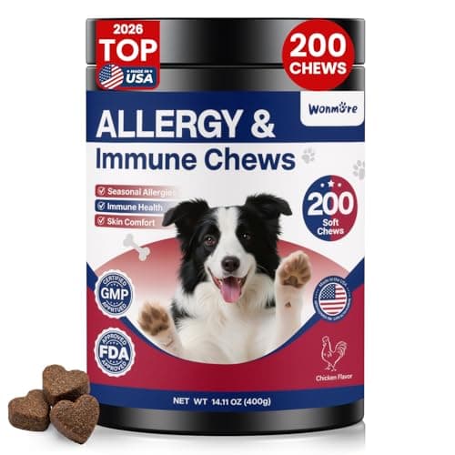 wonmore Dog Allergy Chews, Itchy Skin & Paw Licking Support, Probiotics for Dogs, Immune & Gut Health, Seasonal Allergy Formula, Skin & Coat Health, Chicken Flavor Soft Chews, 200 Ct, BlueRed