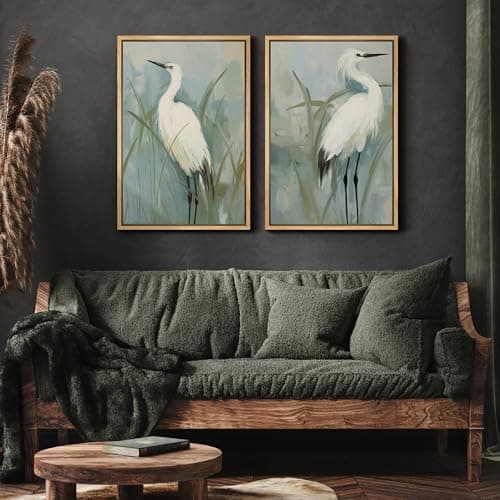 MUDECOR Framed Canvas Print Wall ArtWhite Heron Pair in Marsh Coastal Illustrations Modern Art Decorative Bohemian Colorful for Living Room, Bedroom, Office - 24"x36"x2 Natural — view 3