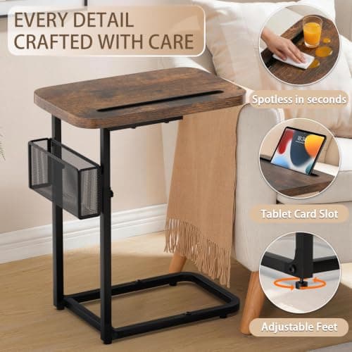 C Table End Table Adjustable Height,TV Tray Table with Storage Baskets,Strong Metal Frame,Tall C Shaped Side Table for TV Watching, Meals, Snacks or Small Space (Rustic Brown, 16.93inch x 12.6inch) — view 2