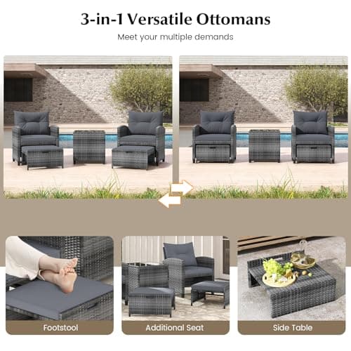 KOTEK 5 Pieces Patio Furniture Set with Ottomans, Wicker Patio Conversation Set with Coffee Table & Cushions, PE Rattan Outdoor Lounge Chairs for Backyard, Porch, Poolside (Mix Grey- Grey) — view 4