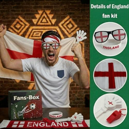 Louxiar 7 Pcs Cheering Kit for Football Matches, 2026 England Soccer Fan Game Day Accessory Set, Includes Flag, Glasses, Whistle, Clapper, Wristband, Scarf & Headband — view 2