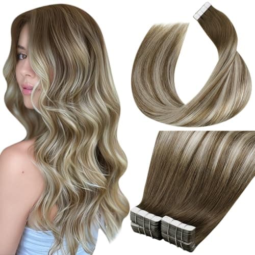 LaaVoo Tape in Hair Extensions Human Hair Tape in Extensions Remy 100g Ash Brown to Blonde Mix with Platinum Blonde 16 Inch 40pcs