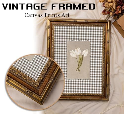 RLZIEWPT Vintage Gold Framed Wall Art, Cottagecore White Tulip Flowers Picture Wall Decor, Brown Gingham Botanical Print Artwork, for Living Room Bedroom 9x11 in — view 4