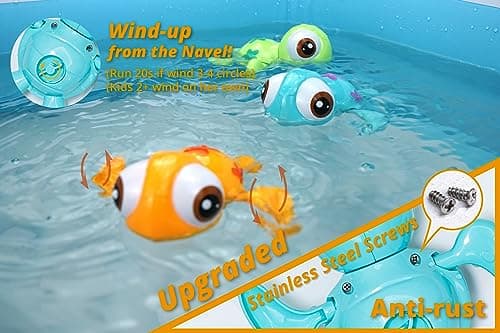 DUCKBOXX XX Wind-up Swimming Sea Turtles Bath Toy, No Battery Mold-Free Anti-Rust Interactive Montessori Toy for Kids 18M+ (3pcs) (Blue Green Orange)