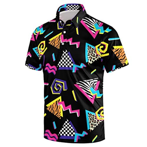 Mens 80s Golf Shirt Dry Fit Performance Short Sleeve Print Shirts Funny 90s Golf Shirts for Men, 80s 90s Theme, X-Large