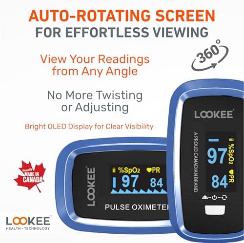 LOOKEE LK50D1 Deluxe Fingertip Pulse Oximeter | Proudly Canadian Finger SpO2 Blood Oxygen Monitor with Auto Rotate OLED Display, Plethysmograph & Pulse Graph | Blue — view 3