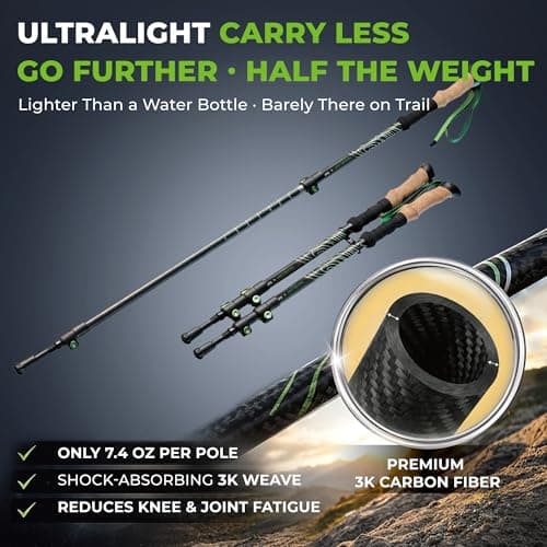 Trekology Walking Sticks for Seniors, Women & Men - Ultralight Carbon Fiber Hiking Poles (210g), Collapsible Lightweight Trekking Poles, Matte Finish with Cork Grip, 10-Piece Accessory Kit