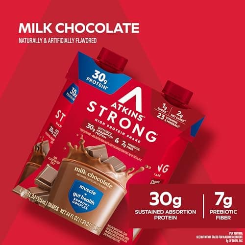 Atkins Strong High Protein Shake, Milk Chocolate, 30g Protein, 7g Prebiotic Fiber, 1g Sugar, GLP-1 Support, Muscle & Gut Health Support Complex, 12 Count — view 3