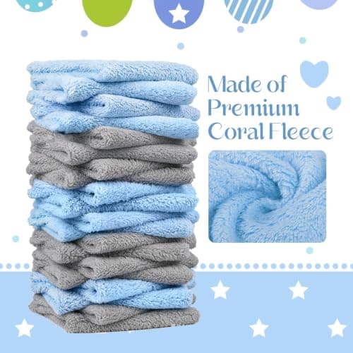 UNIMADE Baby Washcloths, 20 Pack Microfiber Coral Fleece Wash Cloths, Extra Absorbent Baby Towels for Newborns, Infants and Toddlers, Gentle on Sensitive Skin for Face and Body - 7" × 9", Blue&Grey