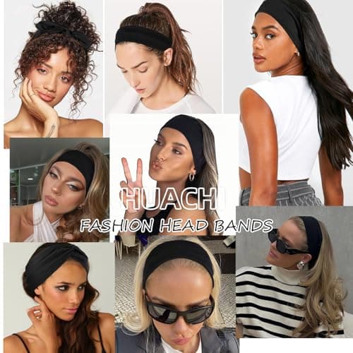 Huachi Headbands for Women Non Slip, 4 Packs Elastic Head Bands for Women’s Hair, One Set Multi Styles - Fashion Hairband Hair Accessories, Soft Cloth Fabric Workout Gym Yoga Sweat Bands (All Black) — view 2