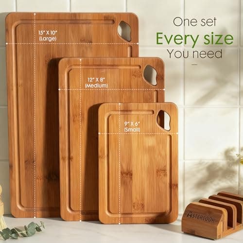 Astercook Deep-Carbonized Bamboo Cutting Boards for Kitchen with Wood Storage Stand, Reversible Charcuterie & Chopping Boards with Juice Grooves and Easy-Grip Handles, Fathers Day Gift for Men — view 7