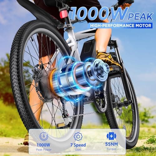 Funhang Electric Bike, 26'' 1000W Peak Ebike, Up to 50 Miles Electric Mountain Bike with 48V Removable Battery, Front Suspension, 7 Speed, UL 2849 Certified