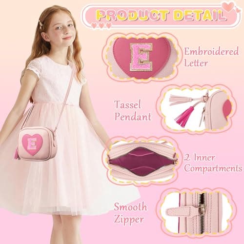 Birthday Gifts for 2 3 4 5 6 7 8 9 10 Year Old Girl,Cute Little Girl Purse Toddler Purse for Kids Wallet,Small Initial Shoulder Crossbody Bag,Personalized Christmas Gift for Daughter Baby(Pink,E) — view 4