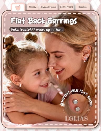 LOLIAS Hypoallergenic Flat Back Earrings for Women Girls-Surgical Stainless Steel Earrings for Sensitive Ears-Cute Flatback Stud Earring Set Small Hoops Cartilage Earring Stacks Silver CZ Age Over 4 Years Old — view 4