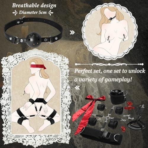 Sex Toys Adults Bondage 3 in 1 Innovative Waist Belt 9 Pcs Sex BDSM Toys for Women Couples Reatraints with Handle Pull Straps Cross-Buckle Strap Blindfold Nipple Ball Gag Clips Hand/Ankle/Thigh Cuffs — view 3