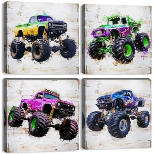 Monster Truck Canvas Wall Art for Boys Room Decor Vintage Car Posters Kids Wall Art, Trucks Poster for Boys Bedroom Playroom Watercolor Vehicle Wall Decor Nursery Paintings Children Gifts 12×12" 4 Pcs