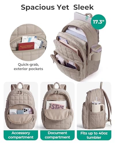 BAGSMART College Laptop Backpack, Travel Backpack for Women, Quilted Airline Approved Carry On Backpack Fits 17.3 Inch Laptop, Personal Item Travel Bag, Camel — view 2