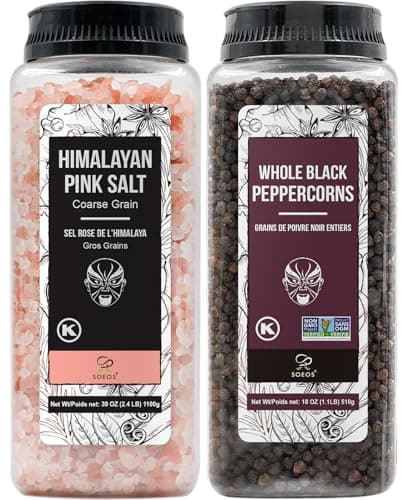 Soeos Himalayan Salt 38.8oz + Whole Black Peppercorns 18oz. Coarse Grain Pink Salt, Salt Grinder, Salt Pepper, Pepper Grinder Salt and Pepper, Salt for Salt Grinder, Non-GMO Verified, Kosher.
