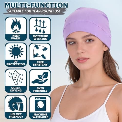100% Cotton Skull Caps Beanie Sleeping Hats for Men Women 2-Pack Purple — view 2