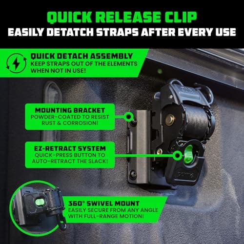 Ford Only – Rhino USA Integrated Cargo Magic Bed-Mounted Retractable Ratchet Straps (2PK) for Ford F150 (2015+) & F250 (2017+) – BoxLink Compatible, 360° Swivel, Heavy-Duty Tie Downs — view 4