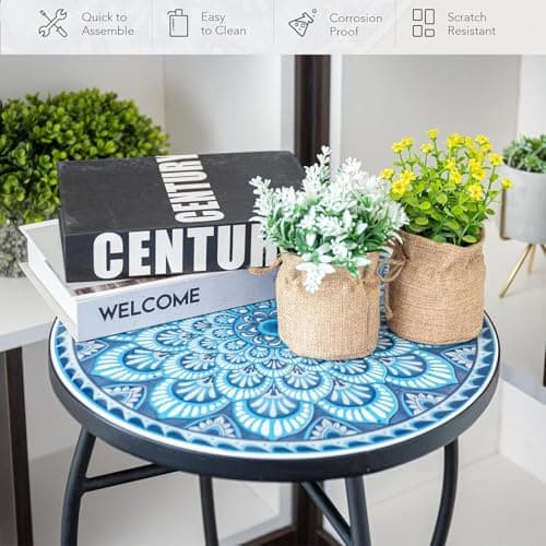 17" Tall Patio Side Table, 14 Inch Round Side Table, Weather Resistant Anti-Rust Metal Indoor Outdoor Side Table for Patio Yard Porch Balcony Garden Bedside, Blue