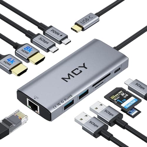 MCY USB C Hub,Laptop Docking Station Dual Monitor Single 8K,2x4K@60Hz,10 in 1 Type-C Multiport Adapter with 2 HDMI,PD100W,Extender Splitter,Card Reader,Ethernet Dock for Mac/Dell/HP/Surface/Steam Deck