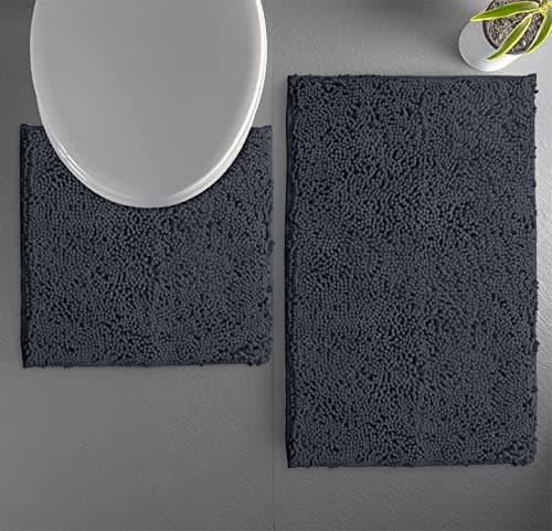 LuxUrux 2 Piece Bath Mat Set, Extra-Soft Plush Bath Shower Bathroom Rug + U-Shaped Toilet Mat. 1'' Chenille Microfiber Material. Super Absorbent. Machine Wash & Dry (Curved Set, Charcoal) — view 2