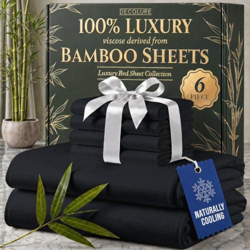 DECOLURE 100% Organic Viscose Derived from Bamboo Sheets Cal King Size 6pcs - Ultra Soft & Luxuriously Cooling, 17" Deep Pocket, Double Stitching, Perfect for Hot Sleepers - King Bed Sheets (Black)