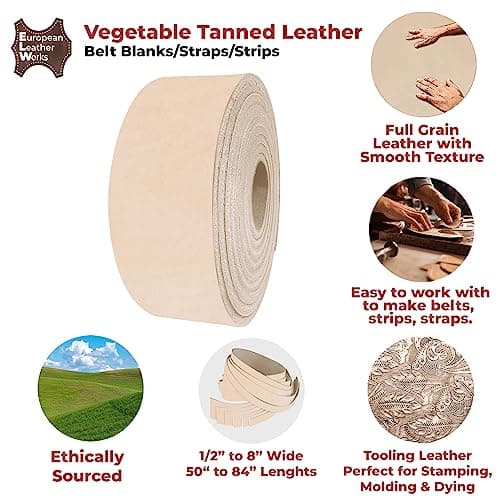 ELW Leather Strap, 11-12 Oz, 1.5 inch Wide x 50", Cowhide Veg Tan Leather Belt Blank, Leather Strips, Tooling Leather, Tan Straps for Crafts, Belt Making & Crafting Blank Hide — view 2