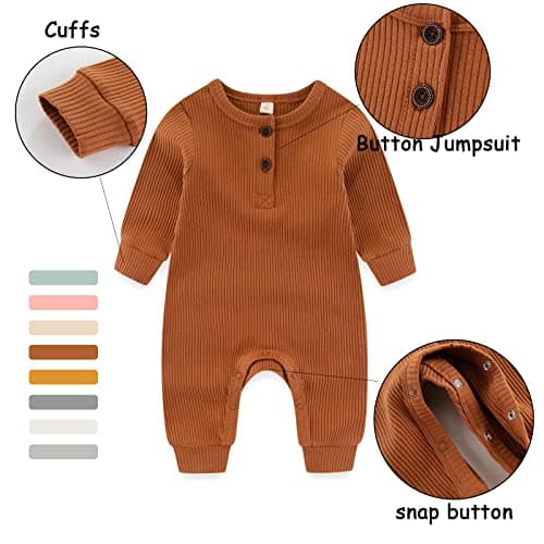Newborn Baby Boys Girls One Piece Romper With Mitten Cuffs 3 Pack Long Sleeve Ribbed Button Jumpsuit Outfit Clothes blue+green+tan 6 months — view 4