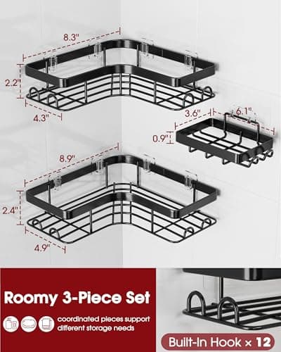 Sakugi Corner Shower Caddy - 3-Pack Shower Organizer with Soap Holder & Built-In Hooks, Rustproof Metal Shower Shelves, Laundry, Kitchen, Bathroom Organizers and Storage Solution, Black