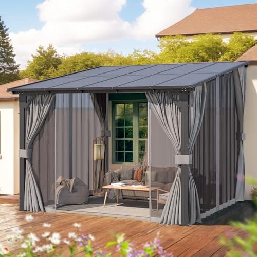 U-MAX 10’ x 10’ Gazebo, Wall Mounted Gazebos Pergola with Curtains and Mosquito Netting, Enhanced Protective Outdoor Patio Lean to Gazebo Awnings for Deck, Porch, Backyard and Outside