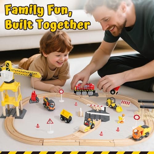 Lehoo Castle 68PCS Wooden Train Set - Toy Train Set for Toddlers 2-4, Wooden Train Track for Kids w/Crane, Railway Playset for 3 Year Old Boys Girls Birthday Gift — view 6
