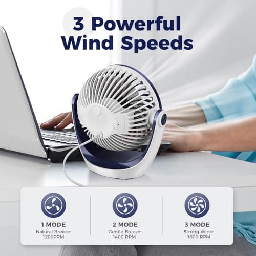 OCOOPA Small USB Desk Fan Table Fan 5'' with Strong Airflow & Quiet Operation, Portable Cooling Mini Fan 3 Speed, 360°Rotatable Head for Home Office Bedroom Desktop — view 3