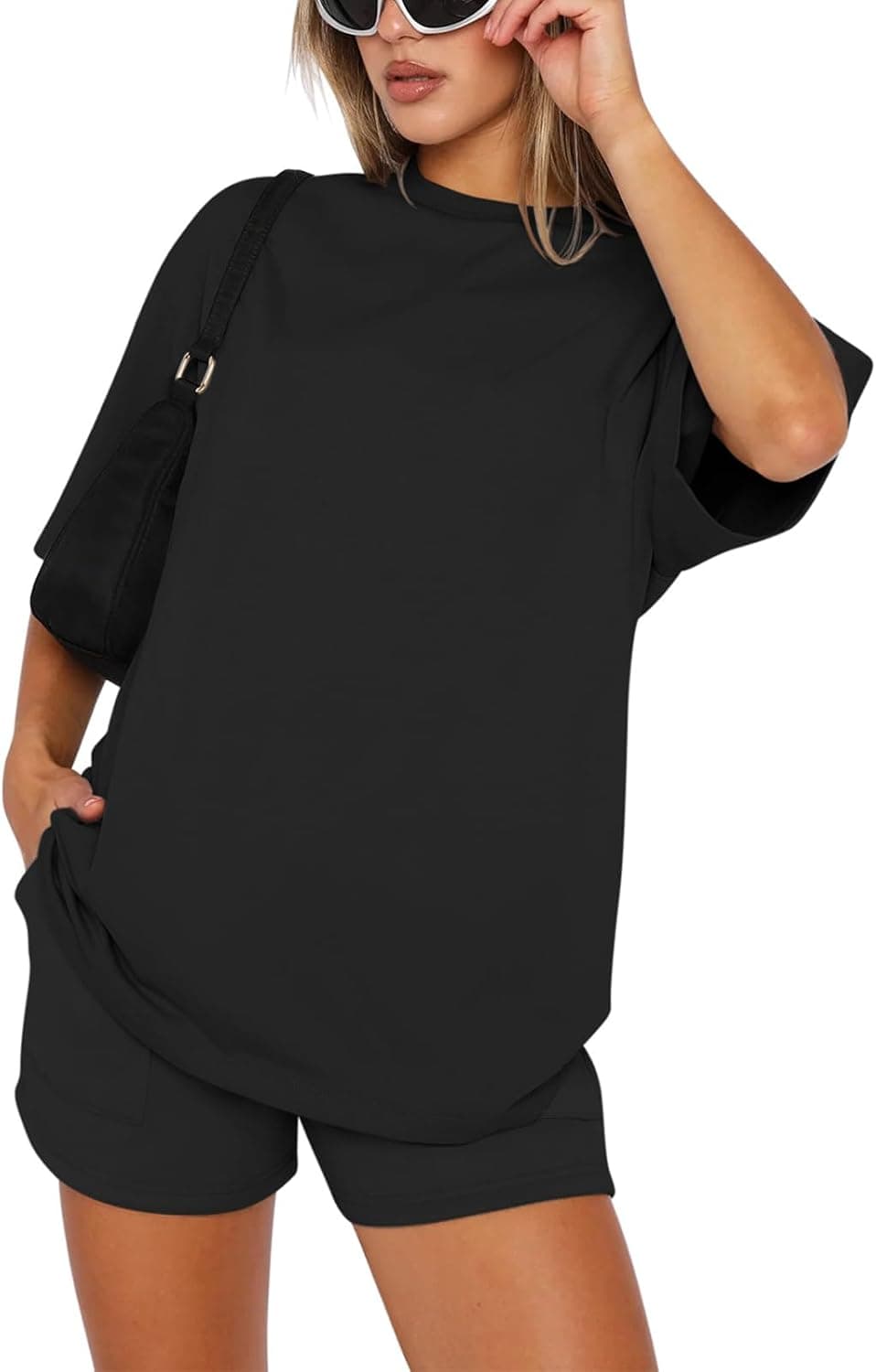 REORIA Women's Tracksuit Short Sleeve Crew Neck Plain Two Piece Leisure Suit Loungewear Outfit Jogger Tracksuit Set Black S — view 3
