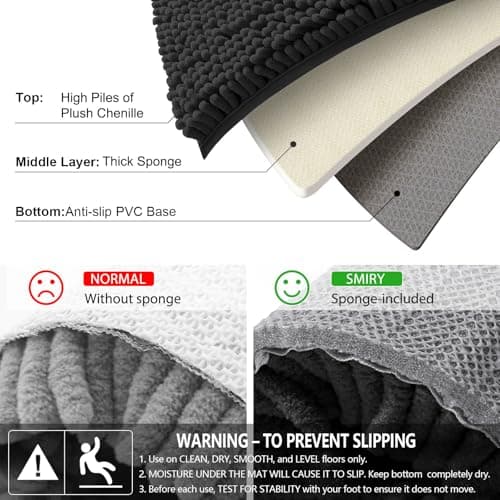Smiry Luxury Chenille Bathroom Rugs 30x20, Extra Soft and Absorbent Shaggy Bath Mat, Machine Washable, Non-Slip Plush Carpet Runner for Tub, Shower, and Floor, Home Decor Accessories, Black — view 4