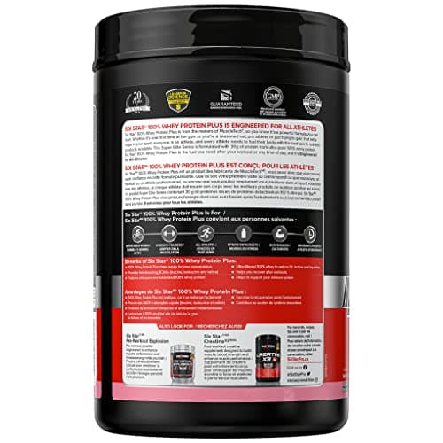 Six Star Whey Protein Powder Plus - Ultimate Muscle Building Formula with Whey Protein Isolate & Peptides - 30g of Protein & 6.6g of BCAA - Strawberry Smoothie Flavor, 20 Servings (Pack of 1) — view 2